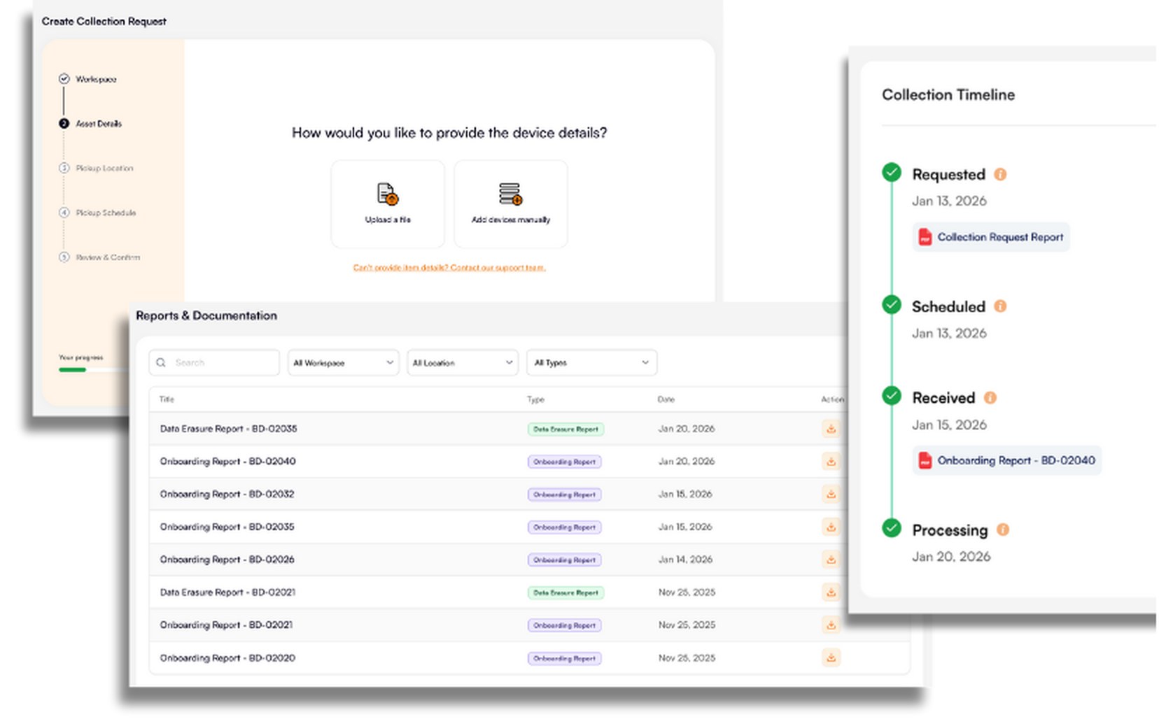 Reconome Portal showing live collection statuses.