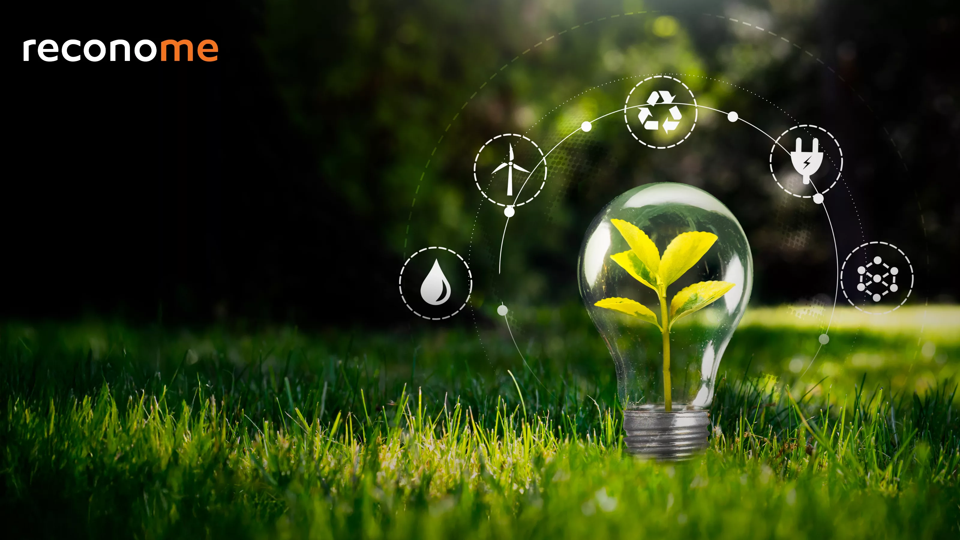 A glowing light bulb in grass with sustainability icons around it.