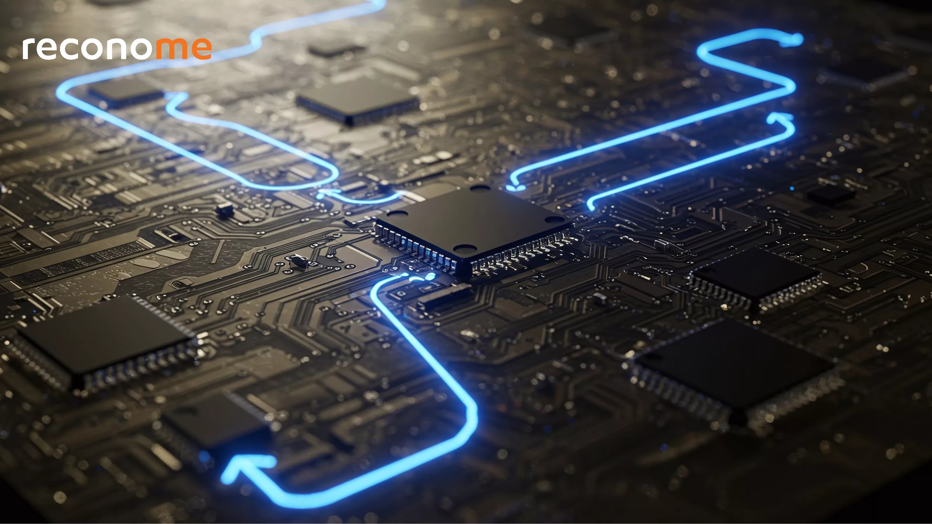 A circuit board with a glowing blue path.