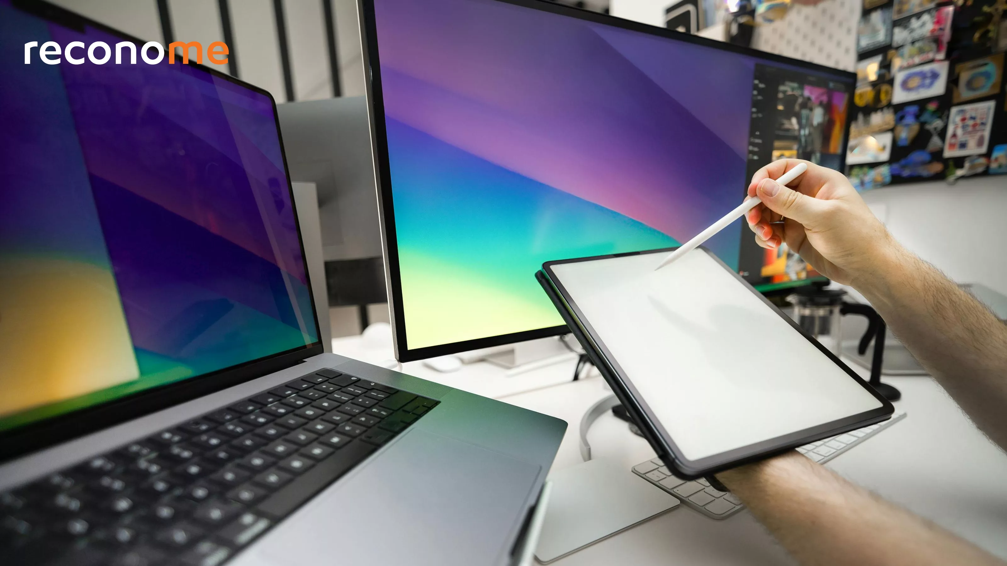A desk with laptops and tablets in use.