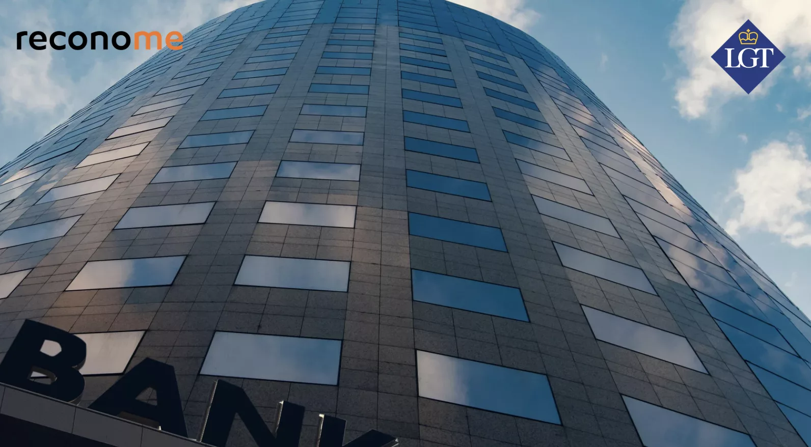 A tall office building photographed from below.