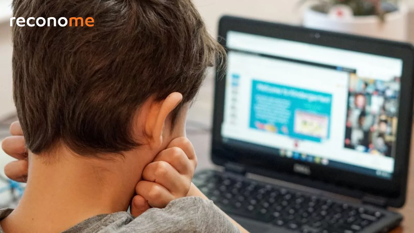 A child watching a lesson on a laptop.